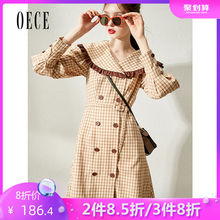 女装 复古文艺格纹甜美花边大翻领长袖 连衣裙春秋 Oece2019秋装 新款