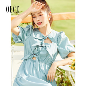 Oece春夏装新款女装复古法式裙子甜心蝴蝶结裹胸泡泡短袖连衣裙