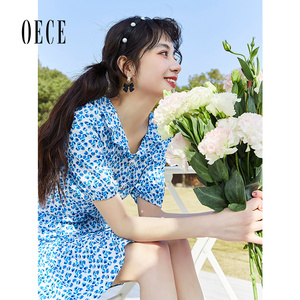 Oece气质碎花连衣裙春夏新款女春季法式优雅小众设计感连衣裙裙子