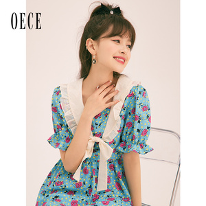 Oece复古碎花裙子春夏新款女装高级感气质收腰中长连衣裙甜美