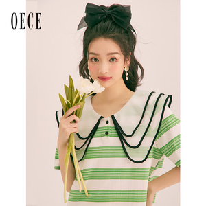 Oece复古设计感条纹连衣裙春夏季新款女装甜美大翻领气质裙子