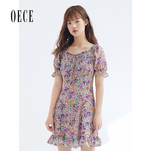 Oece夏装新款女装紫小碎花复古减龄花边方领短袖连衣裙