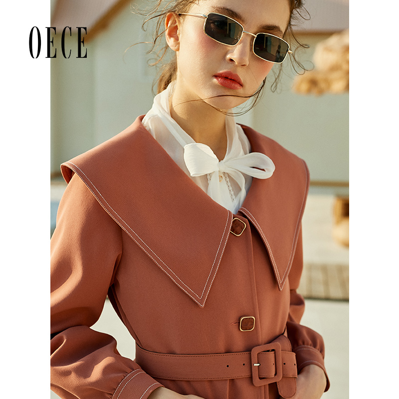 Oece春装新款女装 甜蜜英伦起范复古大翻领优雅长款风衣外套