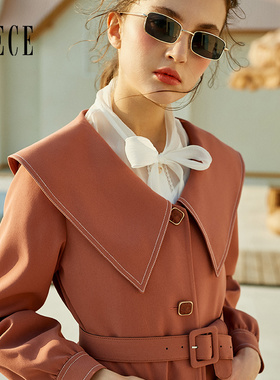 Oece春装新款女装 甜蜜英伦起范复古大翻领优雅长款风衣外套