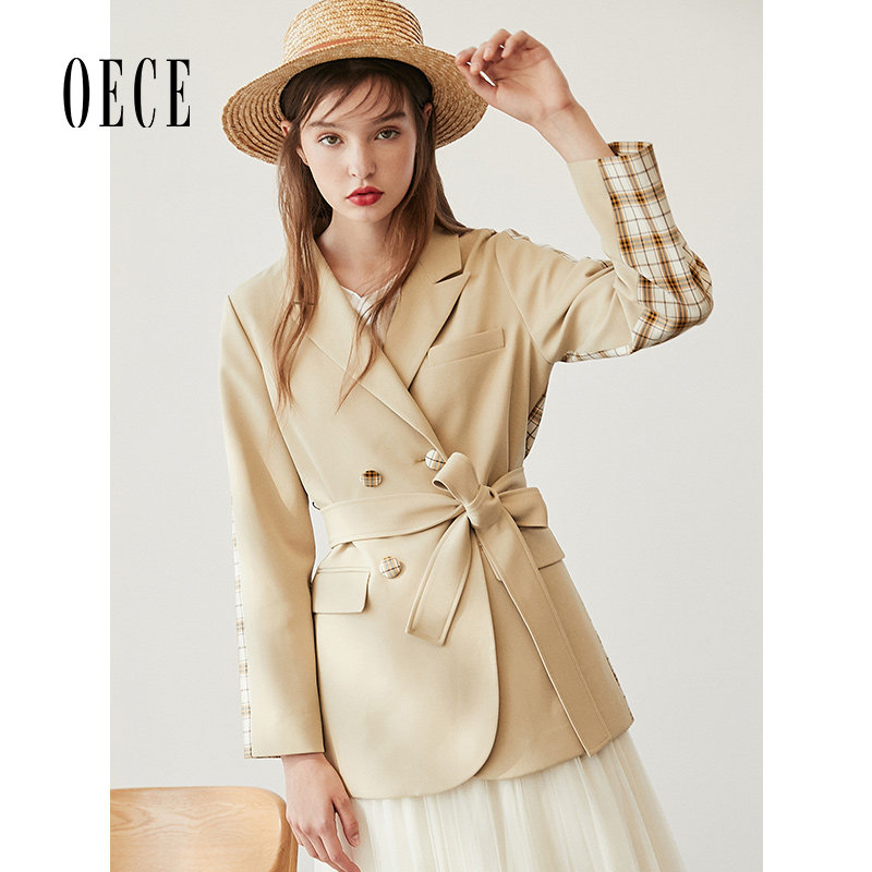 Oece春装新款女装 拉风设计感拼格复古英伦翻领个性西装外套