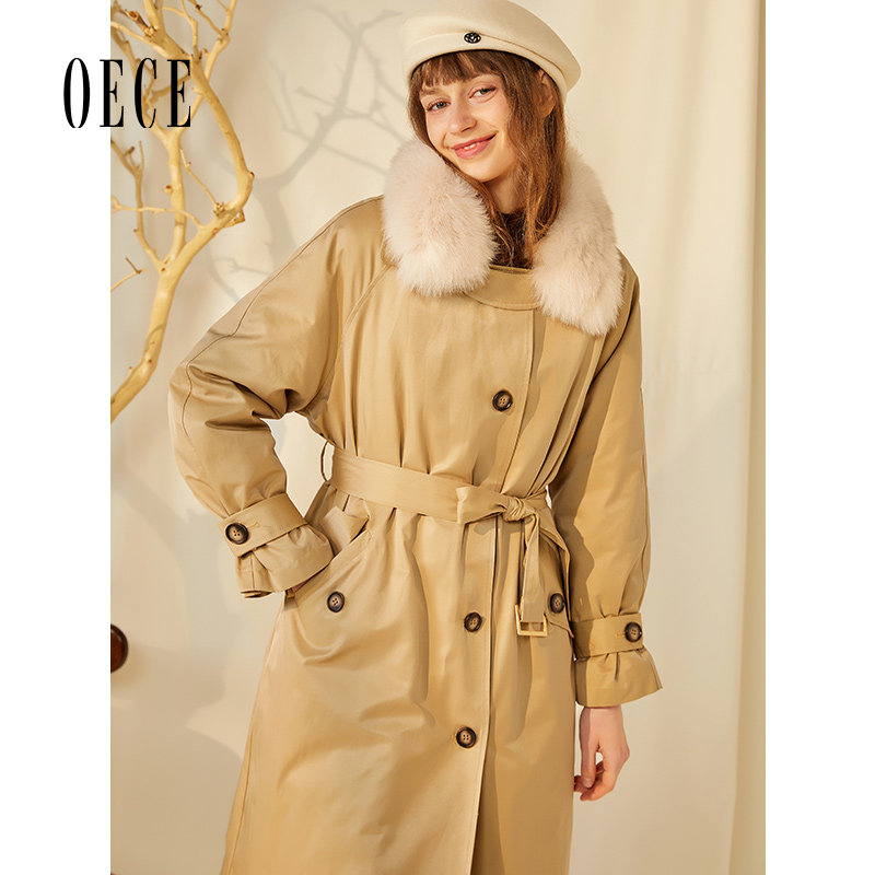 Oece冬装新款女装 气场王复古吸睛毛领御寒派克服中长款外套