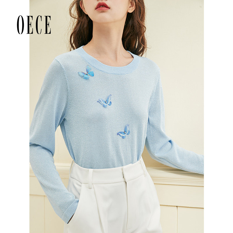Oece春秋装新款女装 Baby天空蓝清新甜美小蝴蝶圆领长袖针织衫
