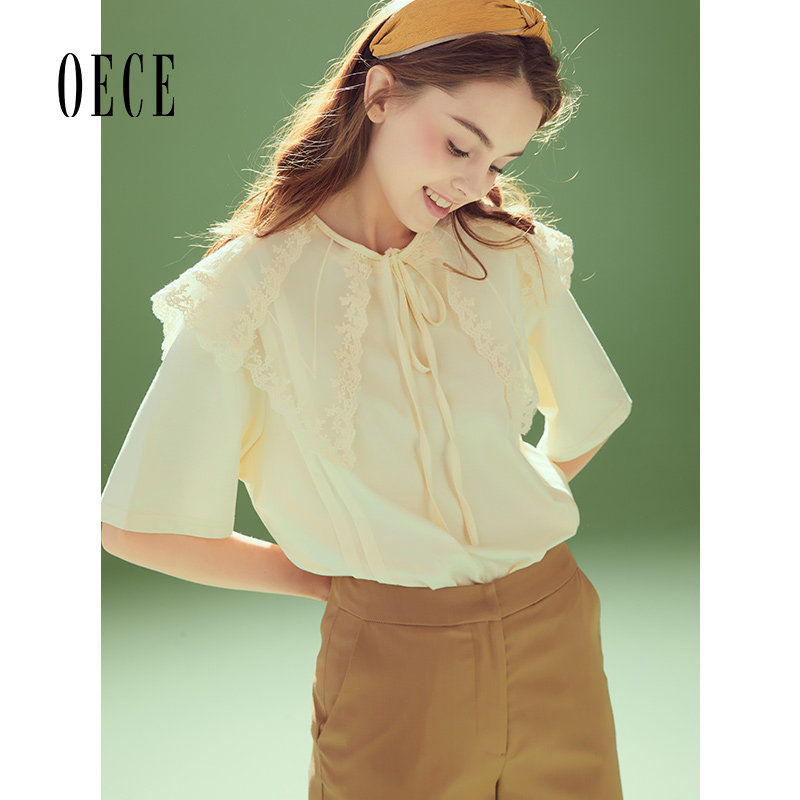 Oece夏装新款女装法式蕾丝大翻领系带减龄短袖T恤上衣