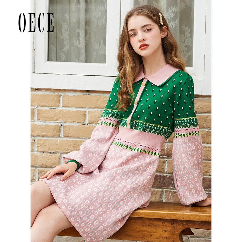 Oece春装新款女装 甜美少女心吸睛撞色翻领收腰针织连衣裙