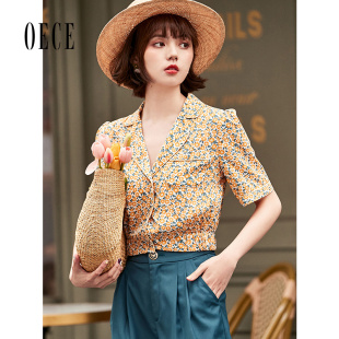 夏装 短袖 新款 文艺复古减龄碎花雪纺衫 上衣 女装 Oece设计感衬衫