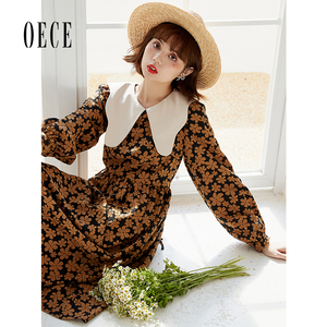 Oece复古碎花裙秋装新款女装法式连衣裙夏气早秋气质裙子