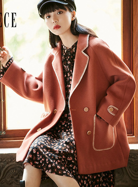 Oece复古呢大衣冬新款女学院风西装式中长款毛呢外套