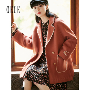 Oece复古呢大衣冬新款女学院风西装式中长款毛呢外套