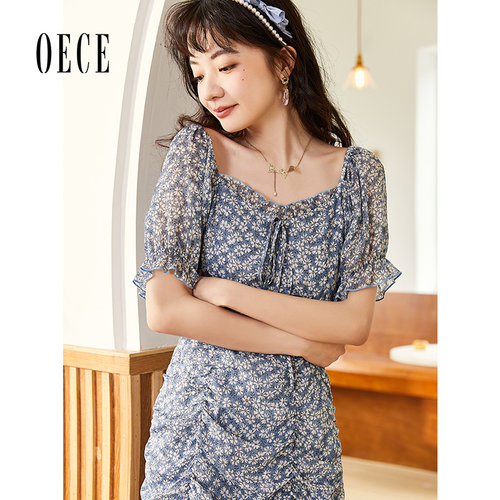 Oece气质设计感裙子春夏装新款女复古显瘦碎花连衣裙