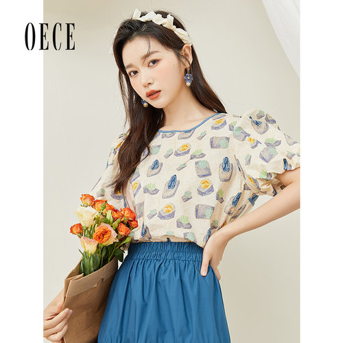 oece新款减龄显白圆领印花上衣