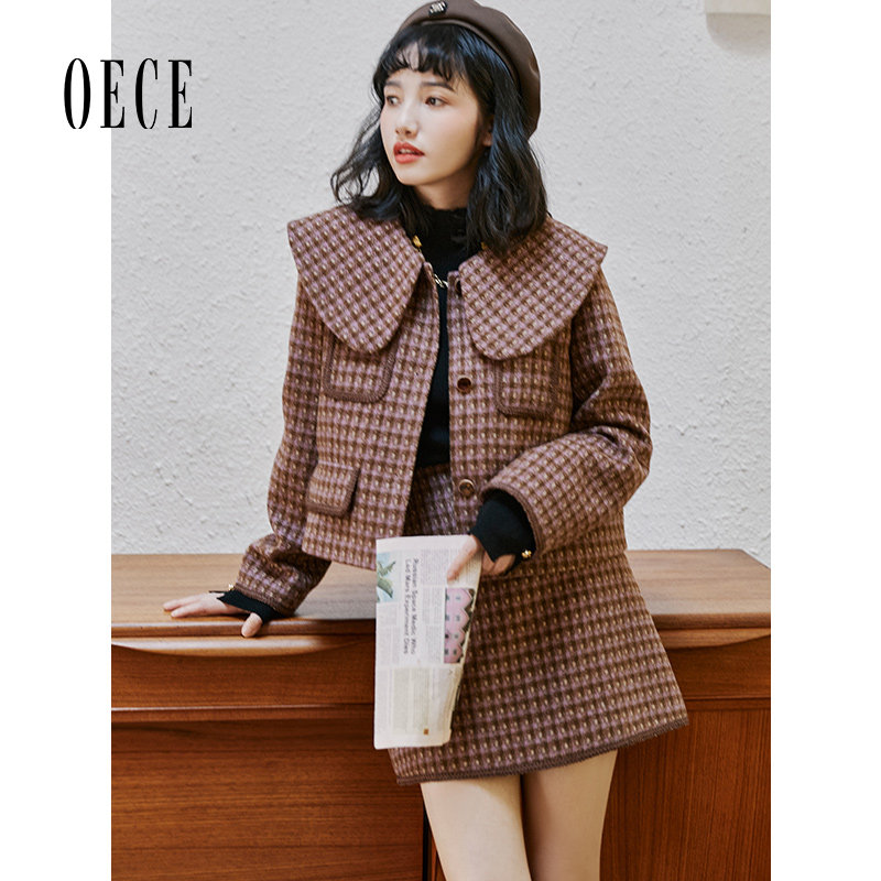 Oece气质半身裙秋冬季新款女装经典格纹A字裙优雅包臀短裙