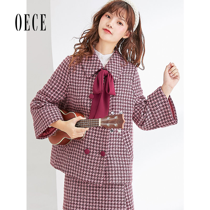 Oece冬装新款女 女生复古学院千鸟格呢子大衣外套