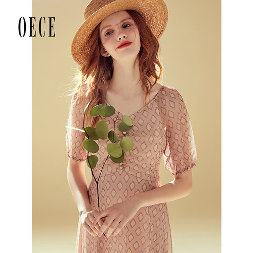Oece夏装新款女装 复古裙子春V领修身印花连衣裙