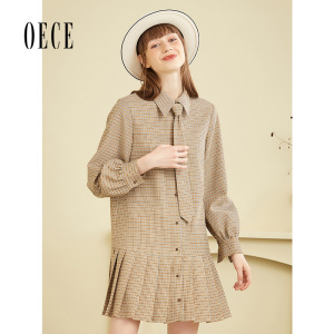 Oece衬衫裙秋冬季复古格子百褶裙气质裙子长袖连衣裙
