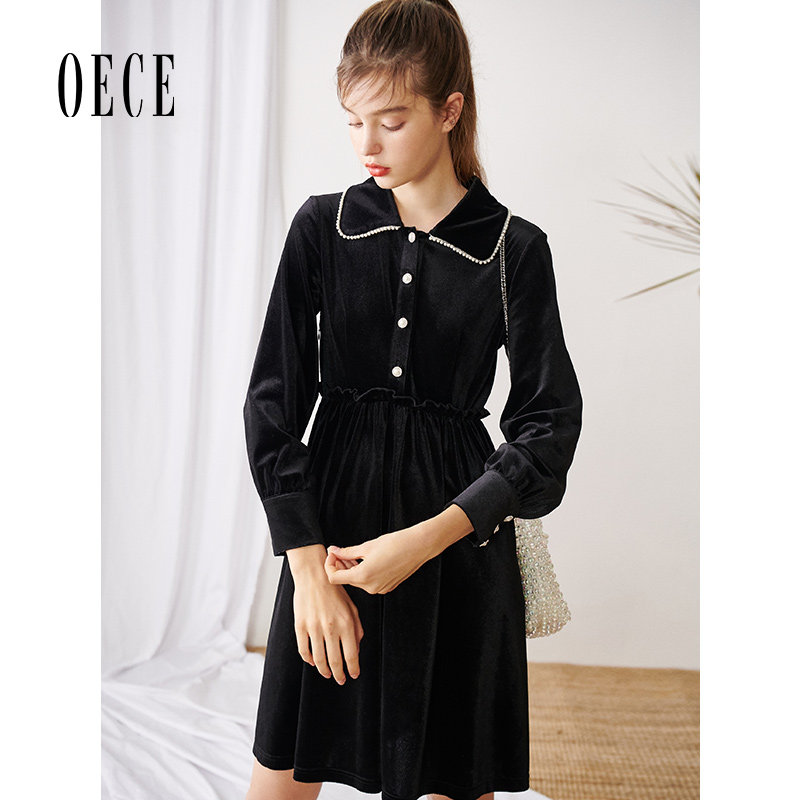 Oece春装新款女装 恬静优雅复古小香风翻领长袖收腰连衣裙