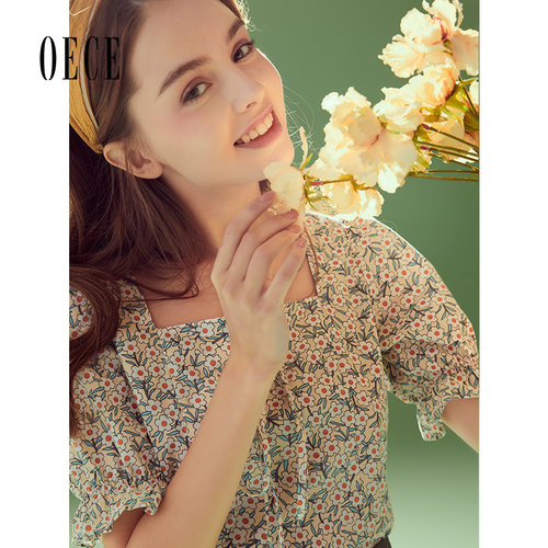 小碎花复古方领短袖上衣甜美减龄