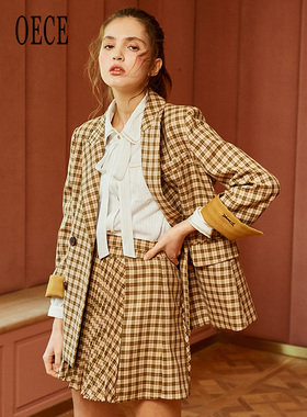 Oece春秋装新款女装 校园风复古高腰百褶裙拼接减龄短裙半身裙