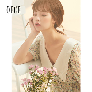 oece夏装新款女装复古娃娃领泡泡袖小碎花雪纺连衣裙