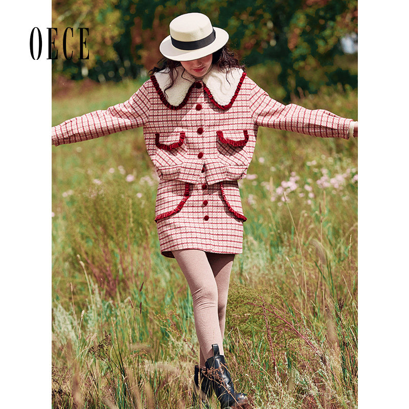 Oece冬装新款女装 复古减龄花边高腰格子毛呢短裙秋冬半身裙