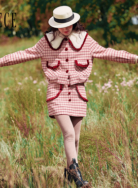 Oece冬装新款女装 复古减龄花边高腰格子毛呢短裙秋冬半身裙