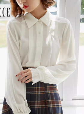 Oece白色衬衫春秋新款女复古法式设计感上衣长袖衬衣