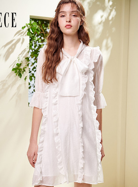 OECE夏装新款女装 法式白色系带领花边喇叭袖气质连衣裙