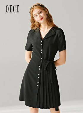 Oece夏装新款女装 甜甜法式复古翻领个性百褶收腰短袖连衣裙