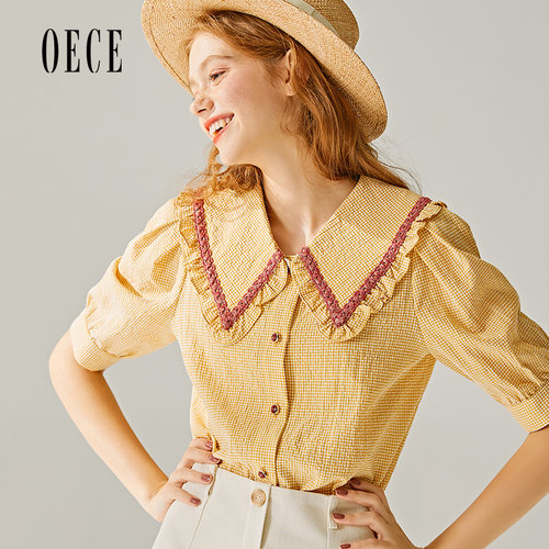 Oece夏装新款女装 清爽沁甜复古减龄花边娃娃领短袖细格上衣