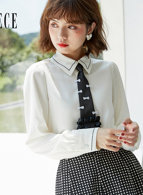 Oece气质白色衬衫春秋春季新款女学院设计感上衣长袖衬衣