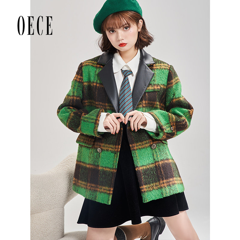 Oece冬装新款女复古格纹中长款呢大衣毛呢西装外套