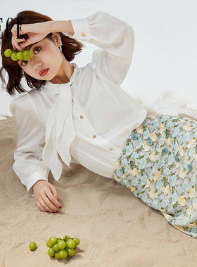 Oece通勤白色衬衫春秋新款女设计感法式系带长袖衬衣上衣