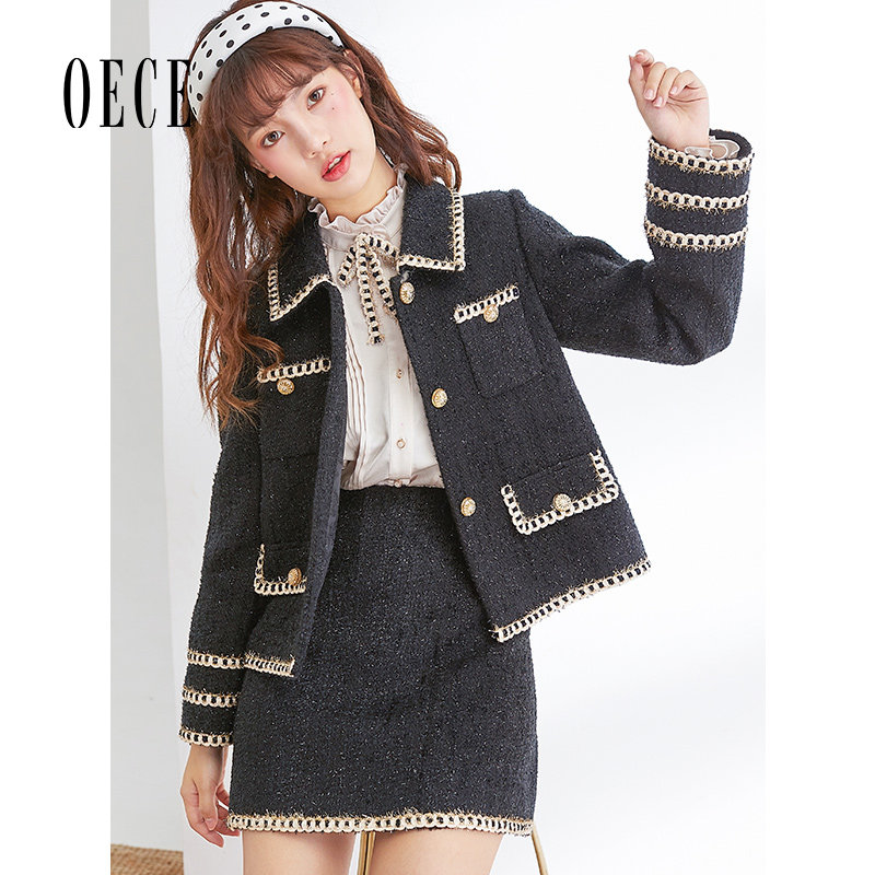 Oece冬装新款女装 星空之镜法式复古粗花呢修身高腰遮肉短裙