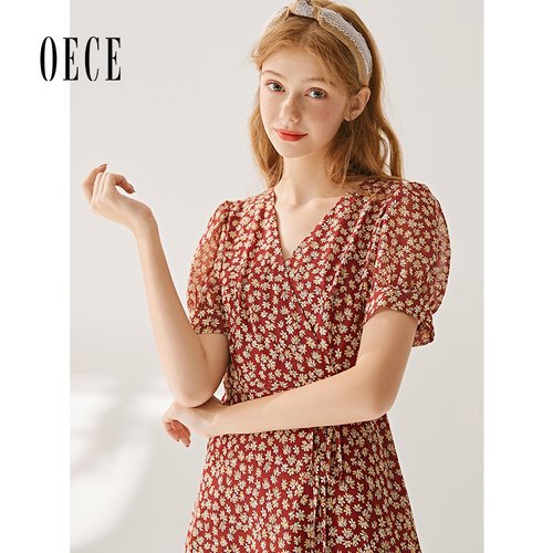 Oece春夏新款女装复古法式碎花V领系腰短袖雪纺连衣裙裙子