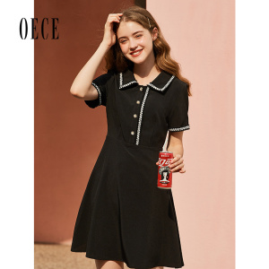 Oece春夏新款女法式复古小香风裙子气质收腰黑色连衣裙