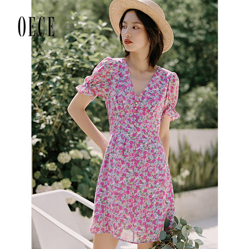 Oece夏装新款女装 薰衣草庄园复古小碎花法式V领泡泡袖连衣裙