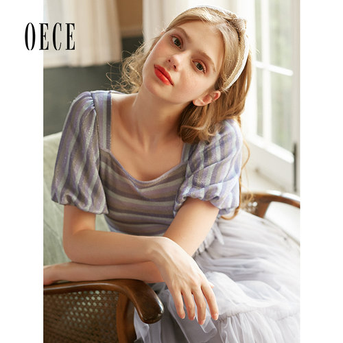 Oece春夏新款女装葡萄紫复古甜蜜法式小方领灯笼袖轻薄上衣