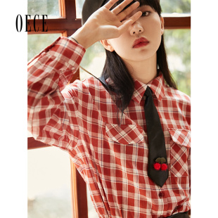 春秋季 气质衬衫 新款 长袖 女复古修身 Oece设计感格纹衬衫