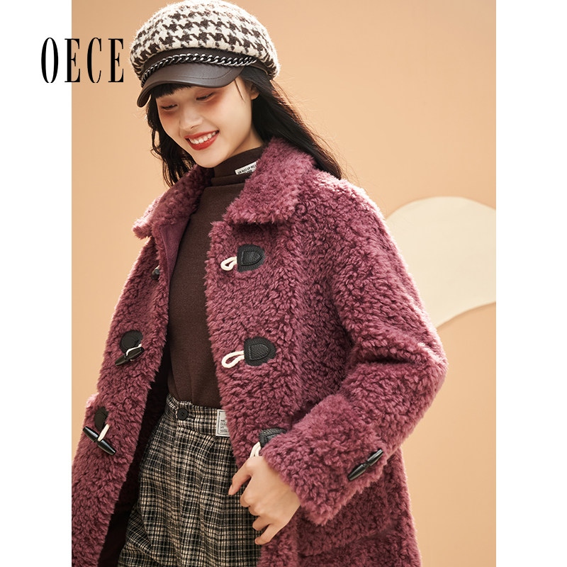 Oece牛角扣羊羔毛大衣秋冬新款复古学院气质中长款毛毛外套女