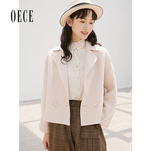 Oece冬新款女 法式复古甜美双面呢大衣小个子外套
