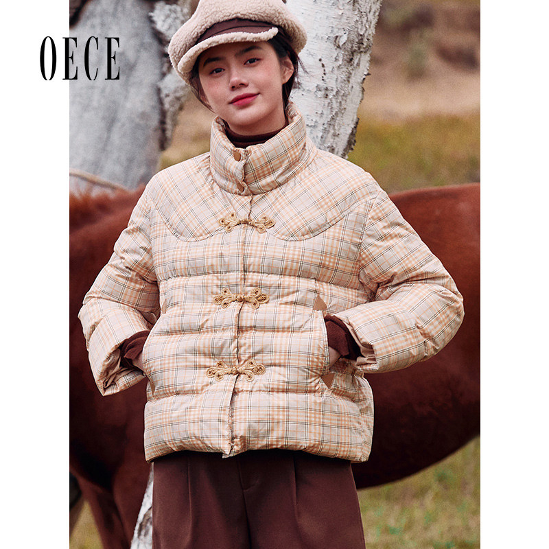 Oece冬新款女复古格纹减龄短款外套小个子羽绒服