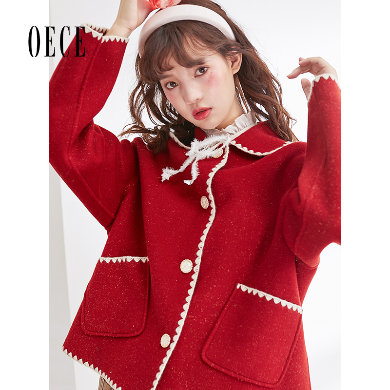 Oece冬装新款女装复古撞色边双面呢大衣外套小个子羊毛呢大衣