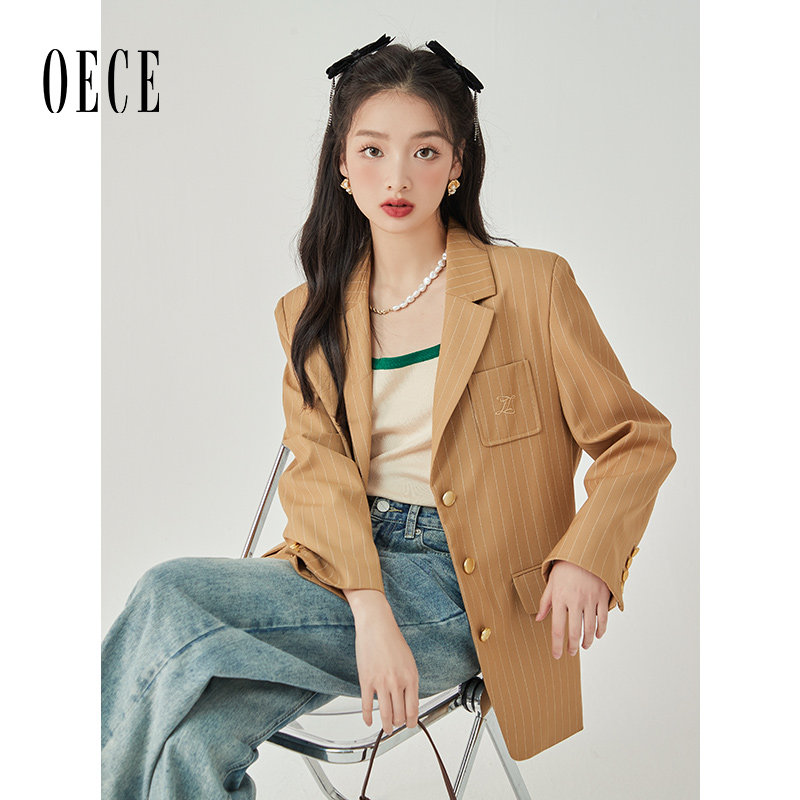 Oece复古设计感西装外套秋装新款女装高级感气质女士条纹西服