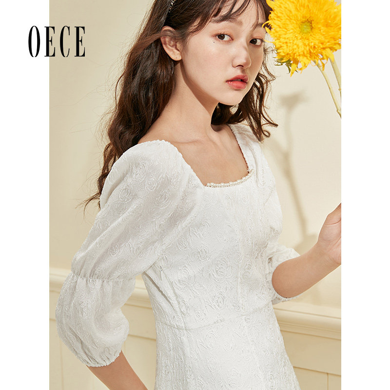Oece秋装新款女装 公主裙复古法式方领泡泡袖蕾丝白色连衣裙
