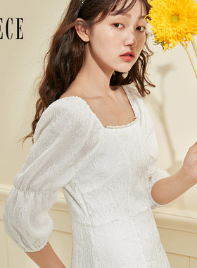 Oece秋装新款女装 公主裙复古法式方领泡泡袖蕾丝白色连衣裙