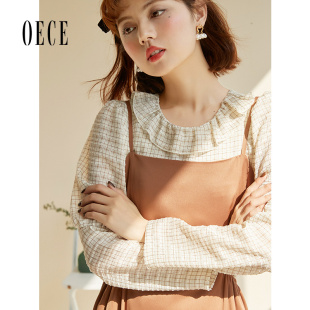 气质衬衣长袖 Oece法式 女装 春秋新款 格子上衣 设计感衬衫